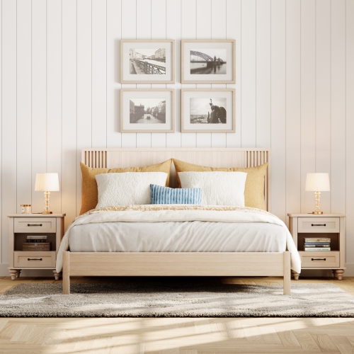 WAMPAT Set of 2 Night Stands with 2 Drawers, 2 Pack Bedside Tables with Charging Station, Farmhouse End Table with Solid Wood Legs, Wooden Side Table