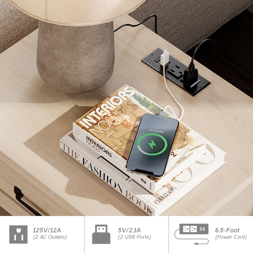 WAMPAT Beige Nightstand with Charging Station, Bedside Table with 2 Drawers & Shelf, Retro Night Stand with Solid Wood Feet, End Table for Bedroom,