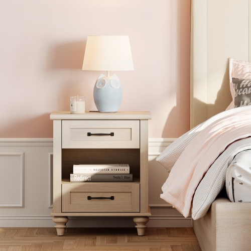 WAMPAT Beige Nightstand with Charging Station, Bedside Table with 2 Drawers & Shelf, Retro Night Stand with Solid Wood Feet, End Table for Bedroom,