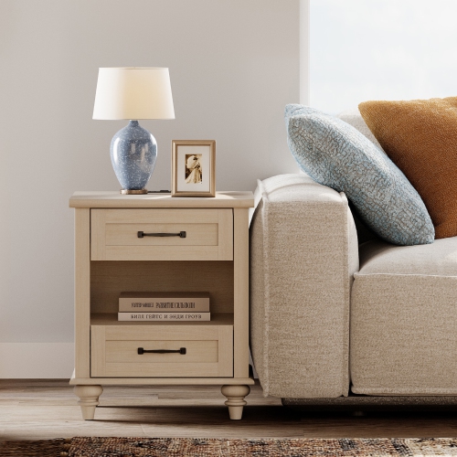 WAMPAT Beige Nightstand with Charging Station, Bedside Table with 2 Drawers & Shelf, Retro Night Stand with Solid Wood Feet, End Table for Bedroom,