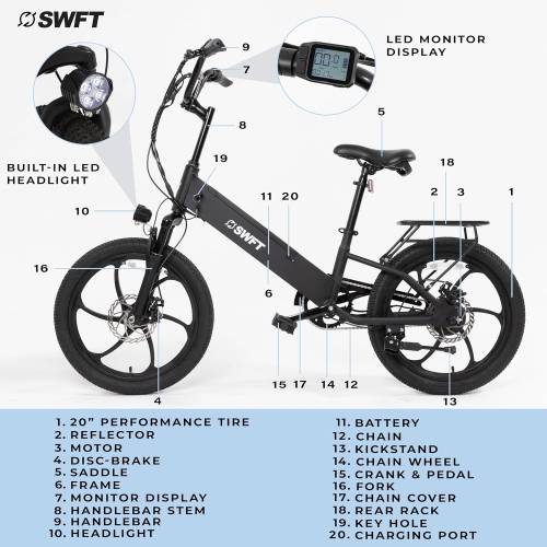 BMX électrique de SWFT - Autonomie de 35 km, 20 mi/h, roues de performance de 20 po, crochets avant et arrière, écran LCD, vélo