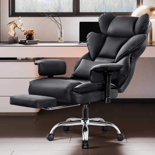 CoolHut Ergonomic Home Office Chair with Footrest, Lifting Armrest, Wide Seat PU Leather Big Executive Chair with Lumbar Pillow, 500lbs Capacity,