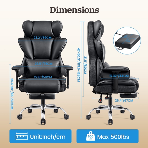 CoolHut Ergonomic Home Office Chair with Footrest, Lifting Armrest, Wide Seat PU Leather Big Executive Chair with Lumbar Pillow, 500lbs Capacity,
