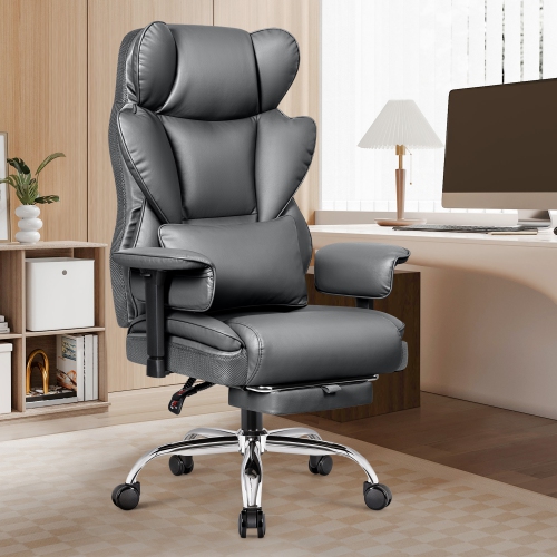 CoolHut Ergonomic Home Office Chair with Footrest, Lifting Armrest, Wide Seat PU Leather Big Executive Chair with Lumbar Pillow, 500lbs Capacity,