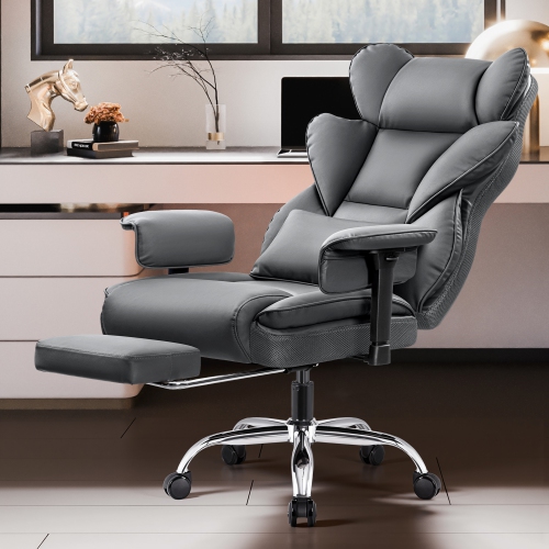 CoolHut Ergonomic Home Office Chair with Footrest, Lifting Armrest, Wide Seat PU Leather Big Executive Chair with Lumbar Pillow, 500lbs Capacity,