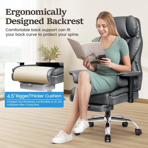CoolHut Ergonomic Home Office Chair with Footrest, Lifting Armrest, Wide Seat PU Leather Big Executive Chair with Lumbar Pillow, 500lbs Capacity,