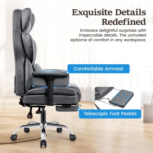 CoolHut Ergonomic Home Office Chair with Footrest, Lifting Armrest, Wide Seat PU Leather Big Executive Chair with Lumbar Pillow, 500lbs Capacity,