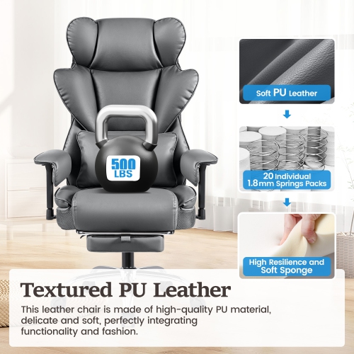 CoolHut Ergonomic Home Office Chair with Footrest, Lifting Armrest, Wide Seat PU Leather Big Executive Chair with Lumbar Pillow, 500lbs Capacity,