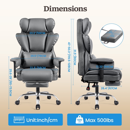 CoolHut Ergonomic Home Office Chair with Footrest, Lifting Armrest, Wide Seat PU Leather Big Executive Chair with Lumbar Pillow, 500lbs Capacity,