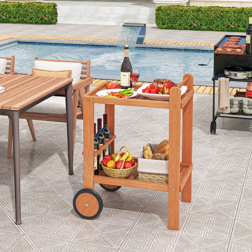 Gymax 2-Tier Indoor/Outdoor Wood Bar Cart w/ Wine Bottle Holders & 2 Rubber Wheels