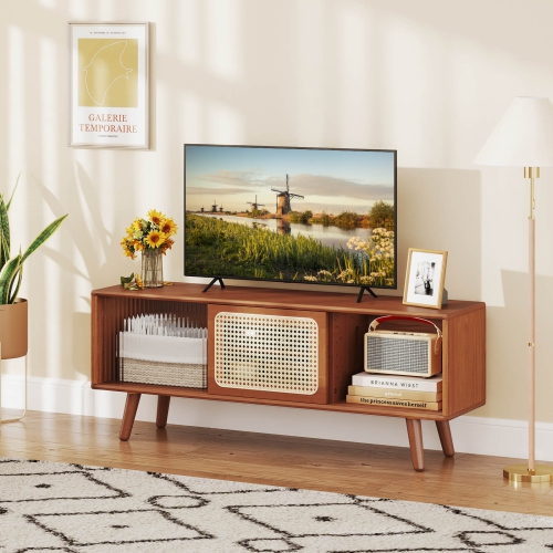 Costway Modern TV Stand Entertainment Center Media Console with Rattan Glass Sliding Doors Natural/Brown