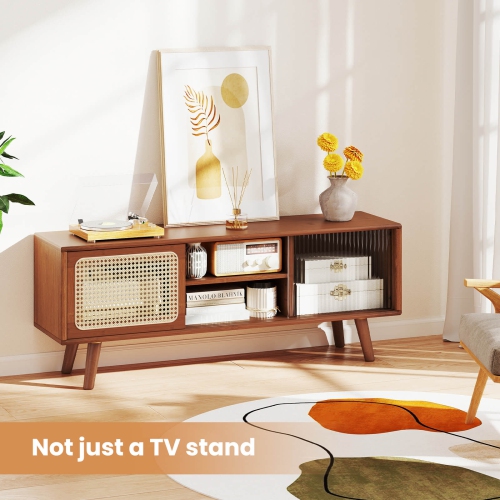 Costway Modern TV Stand Entertainment Center Media Console with Rattan Glass Sliding Doors Natural/Brown