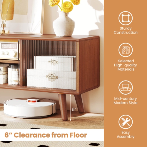 Costway Modern TV Stand Entertainment Center Media Console with Rattan Glass Sliding Doors Natural/Brown