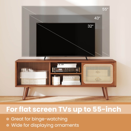 Costway Modern TV Stand Entertainment Center Media Console with Rattan Glass Sliding Doors Natural/Brown