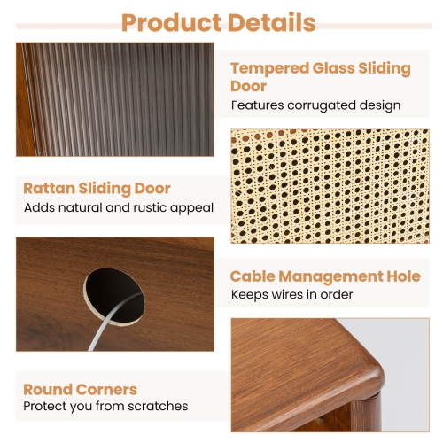 Costway Modern TV Stand Entertainment Center Media Console with Rattan Glass Sliding Doors Natural/Brown