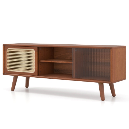 Costway Modern TV Stand Entertainment Center Media Console with Rattan Glass Sliding Doors Natural/Brown