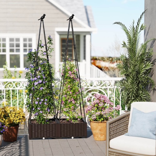 Costway 1/2 PCS Raised Garden Bed with Plant Box & Obelisk Trellis Lockable Wheels Cage Planter