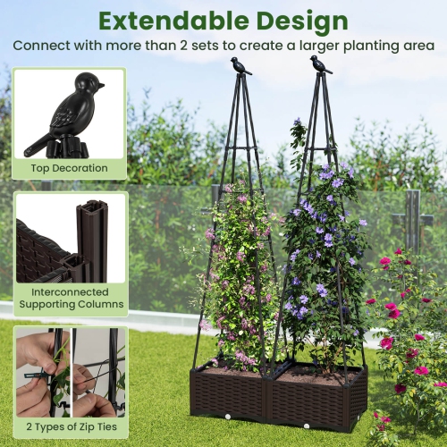 Costway 1/2 PCS Raised Garden Bed with Plant Box & Obelisk Trellis Lockable Wheels Cage Planter