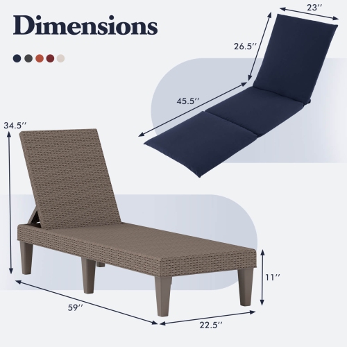 Chaise longue inclinable patio Costway, dossier réglable 3 positions, coussin bleu/gris/orange/rouge/blanc