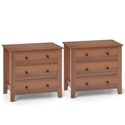 Costway 2 PCS 3-drawer Dresser with Convenient Handles Smooth Slide Rails Accent Table Walnut/Brown