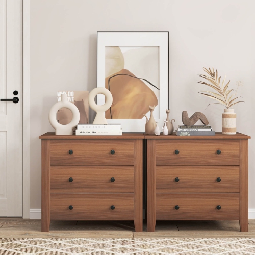 Costway 2 PCS 3-drawer Dresser with Convenient Handles Smooth Slide Rails Accent Table Walnut/Brown