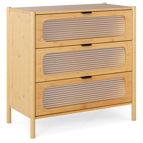Costway 3-Drawer Dresser with Reeded Tempered Glass Front Bamboo Storage Cabinet