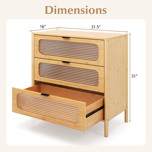 Costway 3-Drawer Dresser with Reeded Tempered Glass Front Bamboo Storage Cabinet
