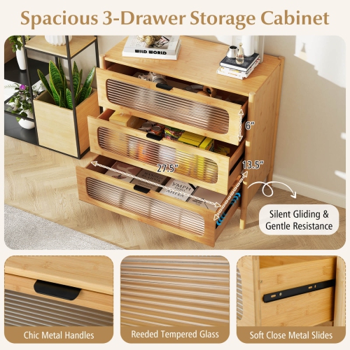 Costway 3-Drawer Dresser with Reeded Tempered Glass Front Bamboo Storage Cabinet