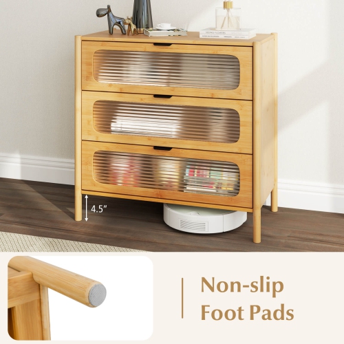 Costway 3-Drawer Dresser with Reeded Tempered Glass Front Bamboo Storage Cabinet