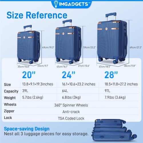 Ensemble de valises Go d'IMGadgets | Polycarbonate ABS léger et durable | Roulettes pivotantes à 360° | Verrou TSA | 3 étiquettes intelligentes GPS |