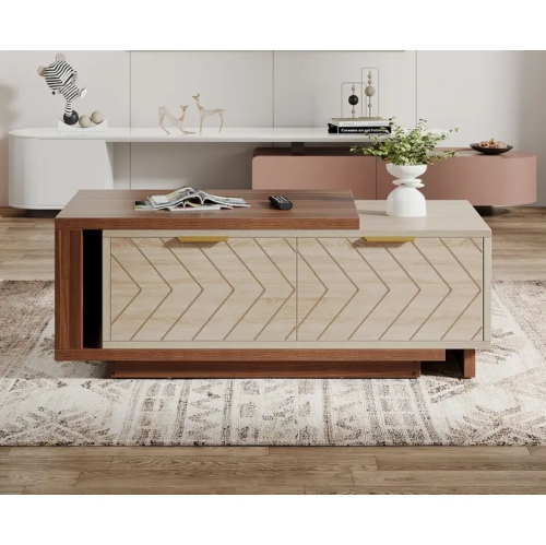 Extendable Coffee Table with 2 Storage Drawers, Dual-Tone Center Table with Sliding Tabletop, Multi-Functional Hidden Storage Wooden Rectangle