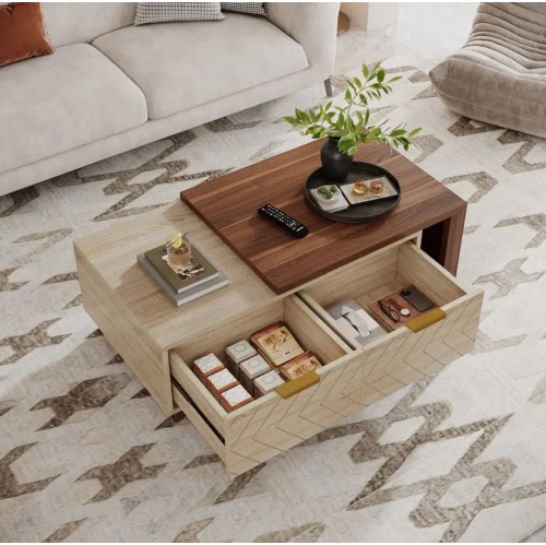 Extendable Coffee Table with 2 Storage Drawers, Dual-Tone Center Table with Sliding Tabletop, Multi-Functional Hidden Storage Wooden Rectangle