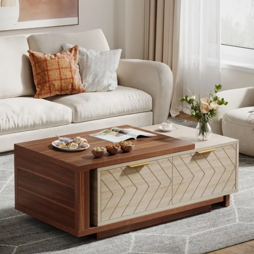 Extendable Coffee Table with 2 Storage Drawers, Dual-Tone Center Table with Sliding Tabletop, Multi-Functional Hidden Storage Wooden Rectangle