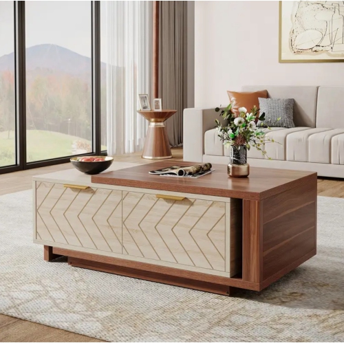 Extendable Coffee Table with 2 Storage Drawers, Dual-Tone Center Table with Sliding Tabletop, Multi-Functional Hidden Storage Wooden Rectangle