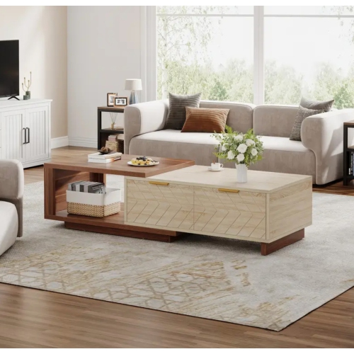 Extendable Coffee Table with 2 Storage Drawers, Dual-Tone Center Table with Sliding Tabletop, Multi-Functional Hidden Storage Wooden Rectangle