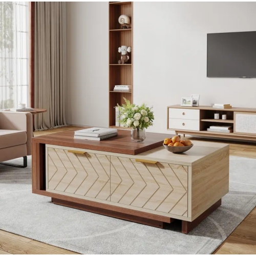 Extendable Coffee Table with 2 Storage Drawers, Dual-Tone Center Table with Sliding Tabletop, Multi-Functional Hidden Storage Wooden Rectangle