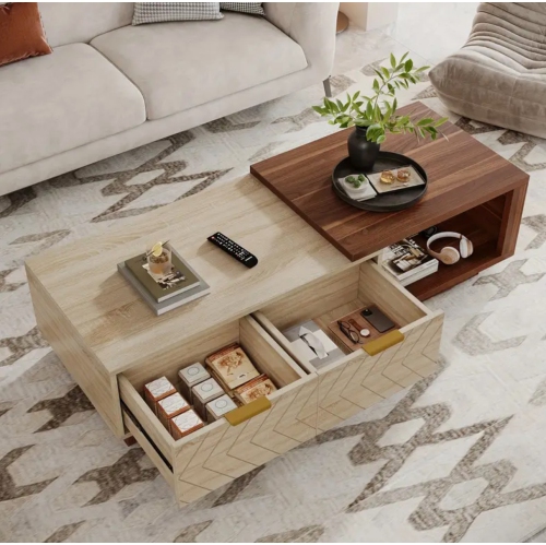 Extendable Coffee Table with 2 Storage Drawers, Dual-Tone Center Table with Sliding Tabletop, Multi-Functional Hidden Storage Wooden Rectangle