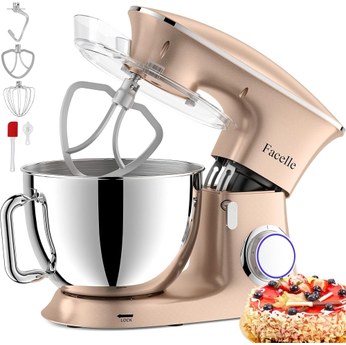 Facelle Stand Mixer 9.5QT 660W 6-Speed Tilt-Head Mixer with Dough Hook, Whisk, Beater, Splash Guard for Baking - Champagne