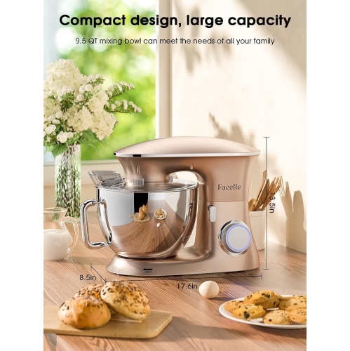 Facelle Stand Mixer 9.5QT 660W 6-Speed Tilt-Head Mixer with Dough Hook, Whisk, Beater, Splash Guard for Baking - Champagne