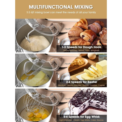 Facelle Stand Mixer 9.5QT 660W 6-Speed Tilt-Head Mixer with Dough Hook, Whisk, Beater, Splash Guard for Baking - Champagne