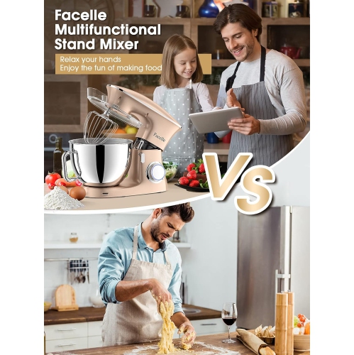 Facelle Stand Mixer 9.5QT 660W 6-Speed Tilt-Head Mixer with Dough Hook, Whisk, Beater, Splash Guard for Baking - Champagne