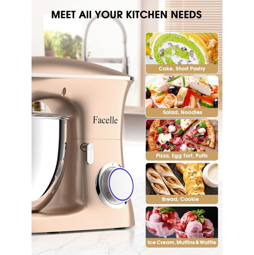 Facelle Stand Mixer 9.5QT 660W 6-Speed Tilt-Head Mixer with Dough Hook, Whisk, Beater, Splash Guard for Baking - Champagne