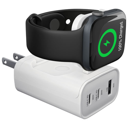 Chargeur mural à 3 ports USB-C/USB-A/Apple Watch de 43 W SpeedBoost de HyperGear - Blanc