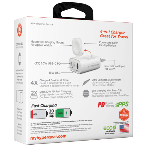 Chargeur mural à 3 ports USB-C/USB-A/Apple Watch de 43 W SpeedBoost de HyperGear - Blanc