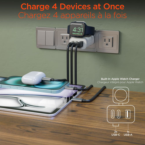 Chargeur mural à 3 ports USB-C/USB-A/Apple Watch de 43 W SpeedBoost de HyperGear - Blanc