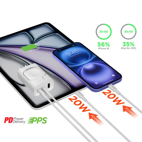 Chargeur mural à 3 ports USB-C/USB-A/Apple Watch de 43 W SpeedBoost de HyperGear - Blanc