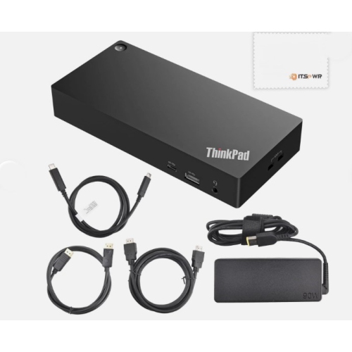 Refurbished Lenovo ThinkPad 40AY0090 Universal USB-C Docking Station, 90W AC Adapter; USB-C cable; HDMI Cable; DP Cable
