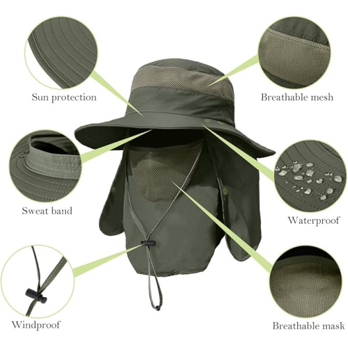 Chapeau de pêche à bord large UPF 50+ protection solaire amovible visage et cou pour homme