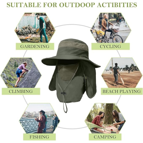 Chapeau de pêche à bord large UPF 50+ protection solaire amovible visage et cou pour homme