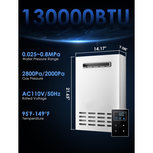 Outdoor Propane Tankless Water Heater, 5.2 GPM 130000 BTU On Demand Hot Water Heater with Remote Control, 110V Residential Instant Propane Waterheater